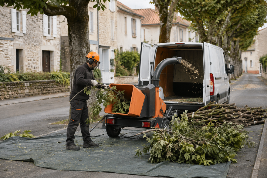 Chantier d'élagage dans une rue résidentielle française : broyeur de branches et fourgon blanc, bâche au sol