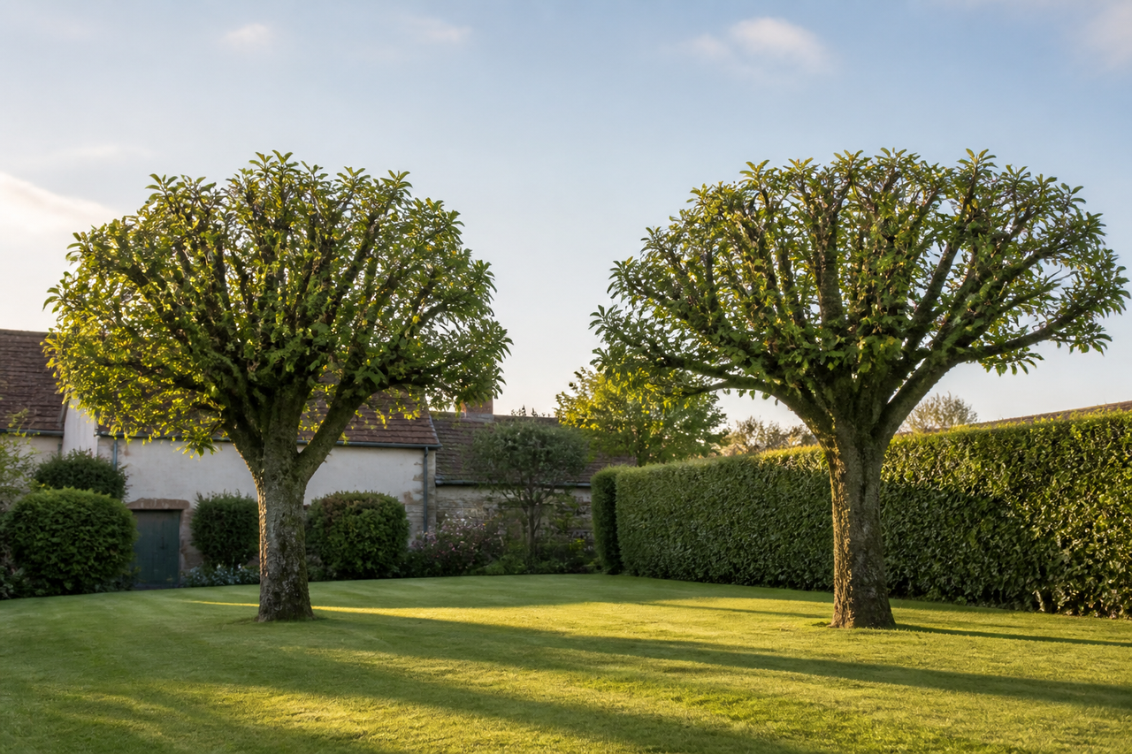 Jardin français après réduction de couronne : deux tilleuls joliment formés au-dessus d'une pelouse tondue, ombres longues du soir